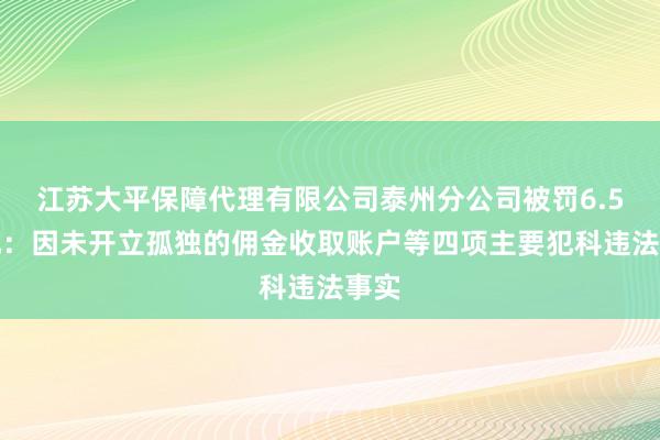 江苏大平保障代理有限公司泰州分公司被罚6.5万元：因未开立孤独的佣金收取账户等四项主要犯科违法事实